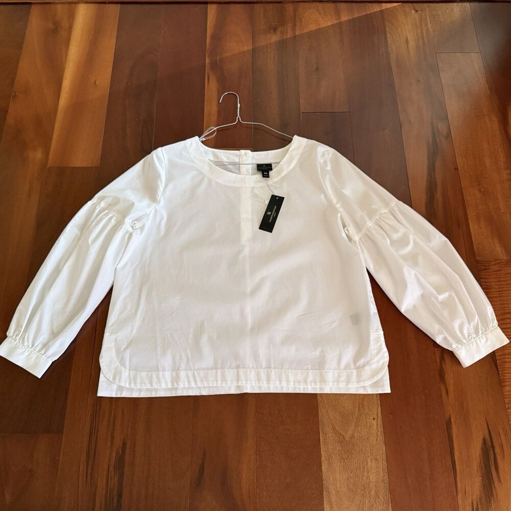 Worthington Woman's PETITE Puff Sleeves White Blouse Top Straight Hem Sz PM NWT